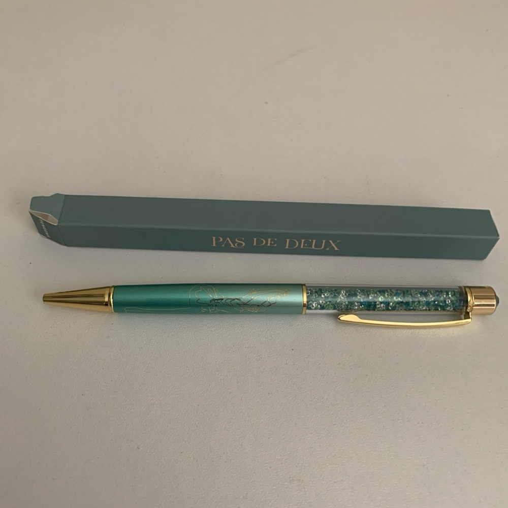 Pengem Pas de Deux Teal and Gold Pen with crystals and hem on the end of pen.